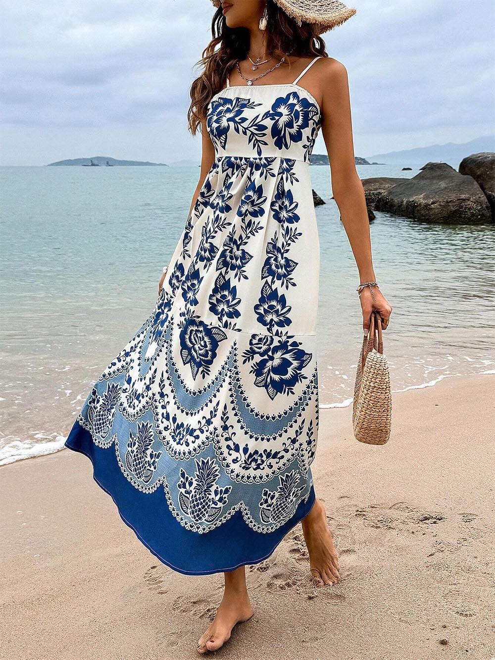 Valerie | Ethnic Floral Print Back Smocked Loose Midi Dress