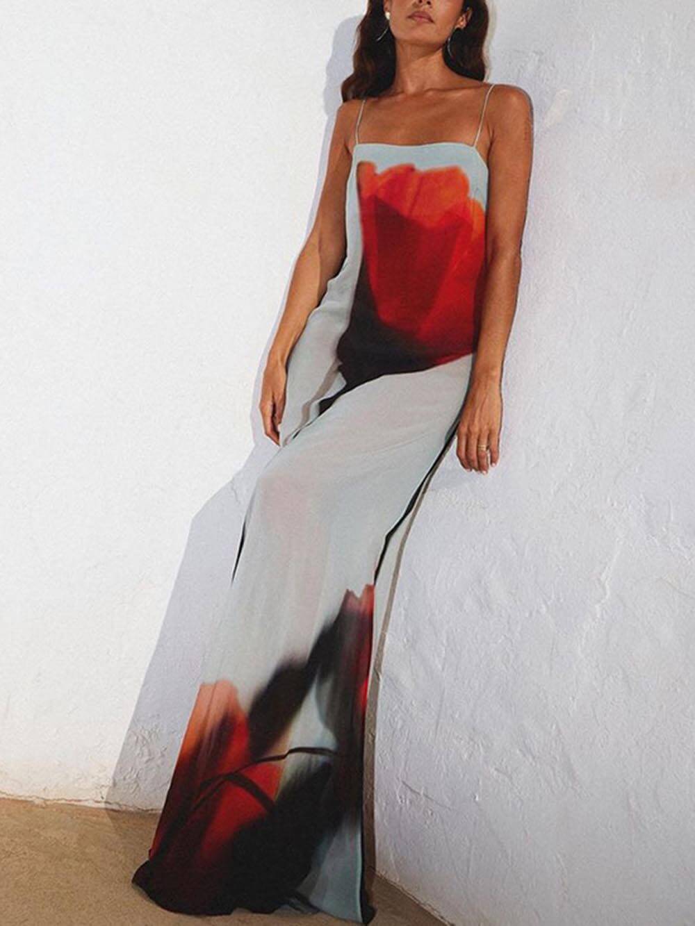 Alessia | Abstract Tulip Print Vacation Slip H-Line Maxi Dress