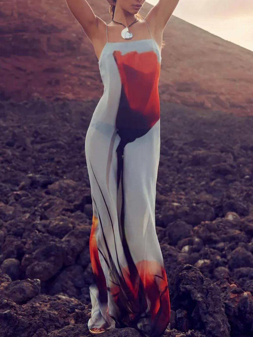 Alessia | Abstract Tulip Print Vacation Slip H-Line Maxi Dress