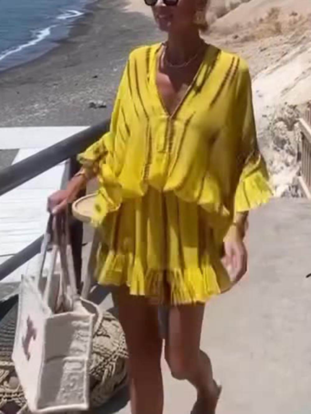 Emely | Unique Tie Dye Ruffle Batwing Sleeve Elastic Waist Kaftan Mini Dress