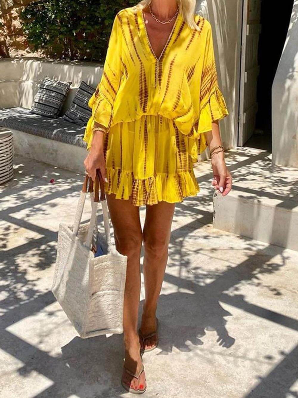 Emely | Unique Tie Dye Ruffle Batwing Sleeve Elastic Waist Kaftan Mini Dress