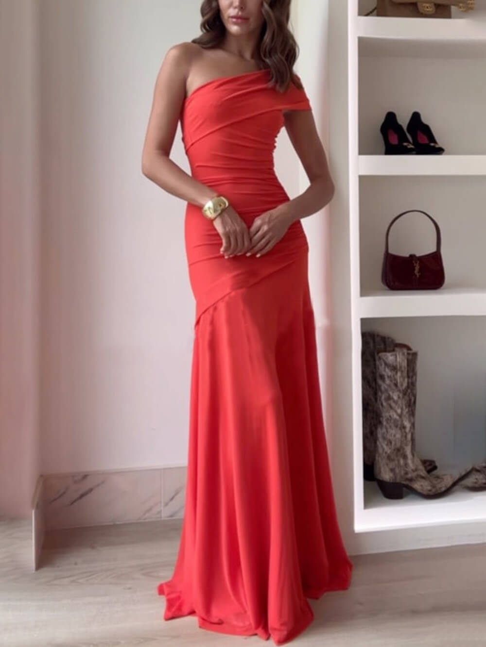 Annabelle | Elegance Effortless Mesh Off-Shoulder Ruched Stretch Maxi Dress
