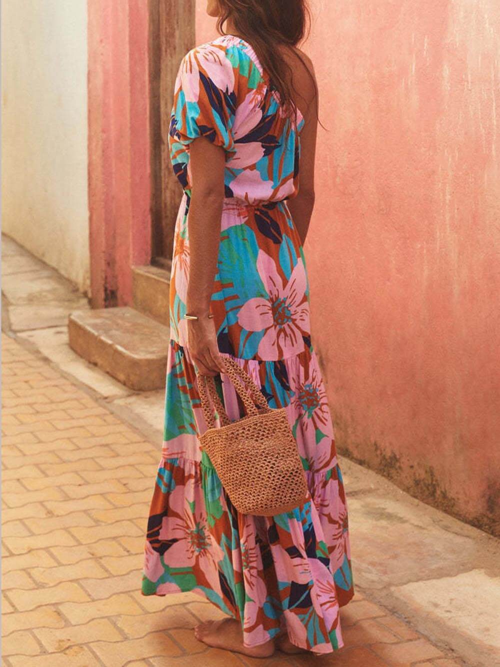 Athena | Off-Shoulder Palm Leaf Print Holiday Style Floral Dress