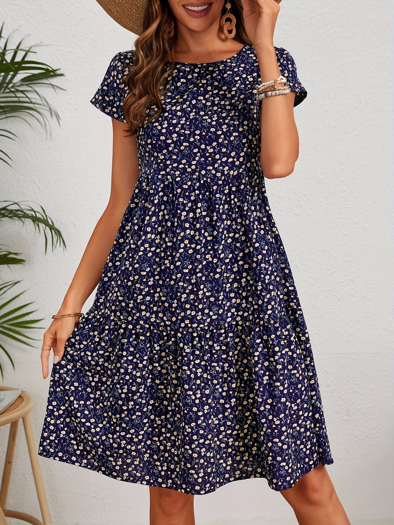 Callista - Floral Crew Neck Dress