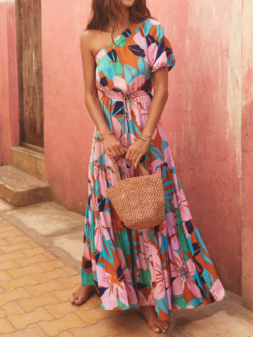 Athena | Off-Shoulder Palm Leaf Print Holiday Style Floral Dress