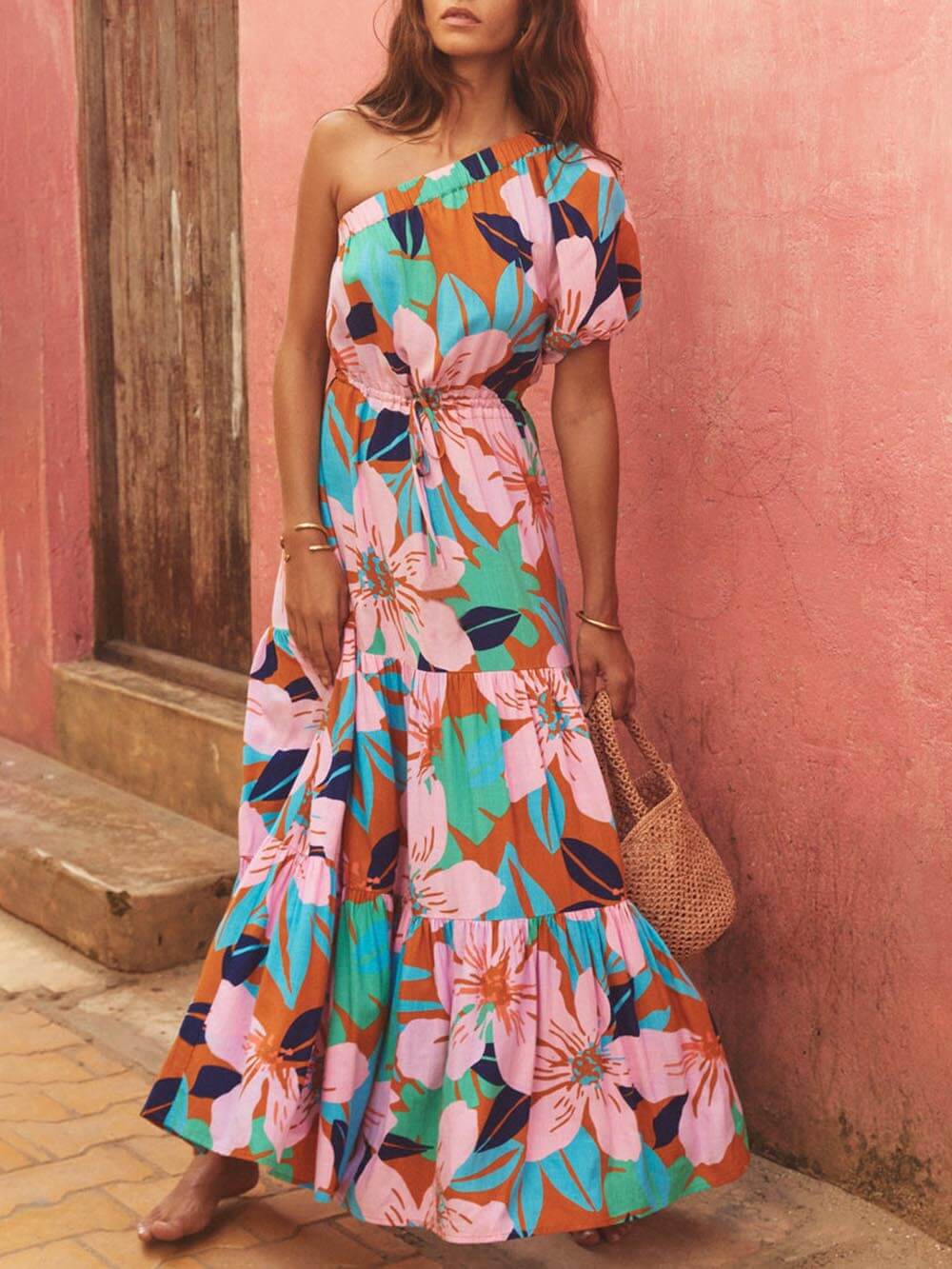 Athena | Off-Shoulder Palm Leaf Print Holiday Style Floral Dress