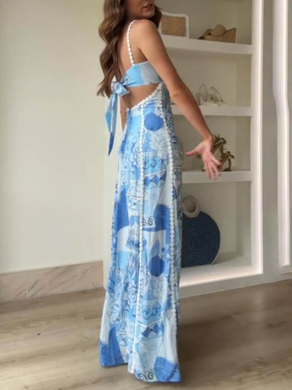Rebecca | Halter Straps Lace Patchwork Printed Back Tie Flare Maxi Dress
