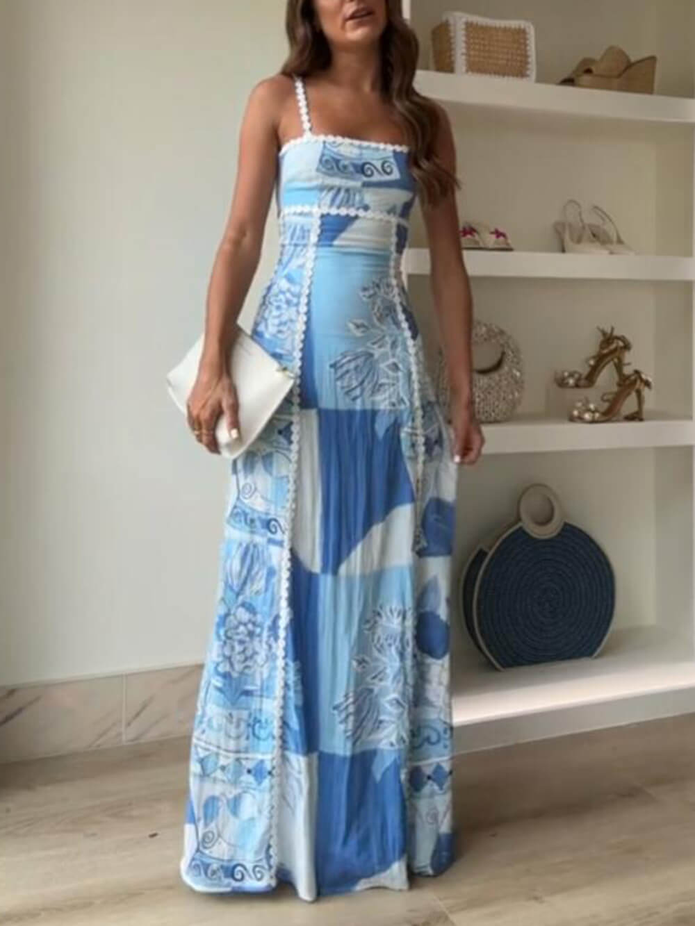 Rebecca | Halter Straps Lace Patchwork Printed Back Tie Flare Maxi Dress