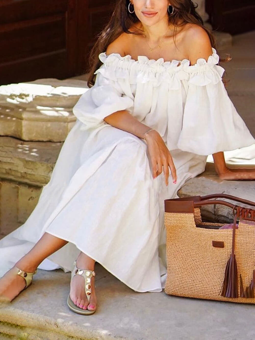 Haisley | Ruffle Off Shoulder Puff Sleeve Pocketed Midi Dress