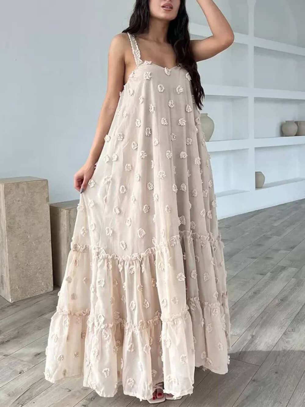 Angelina | Flower Decor Pretty A-Line Layered Loose Maxi Dress