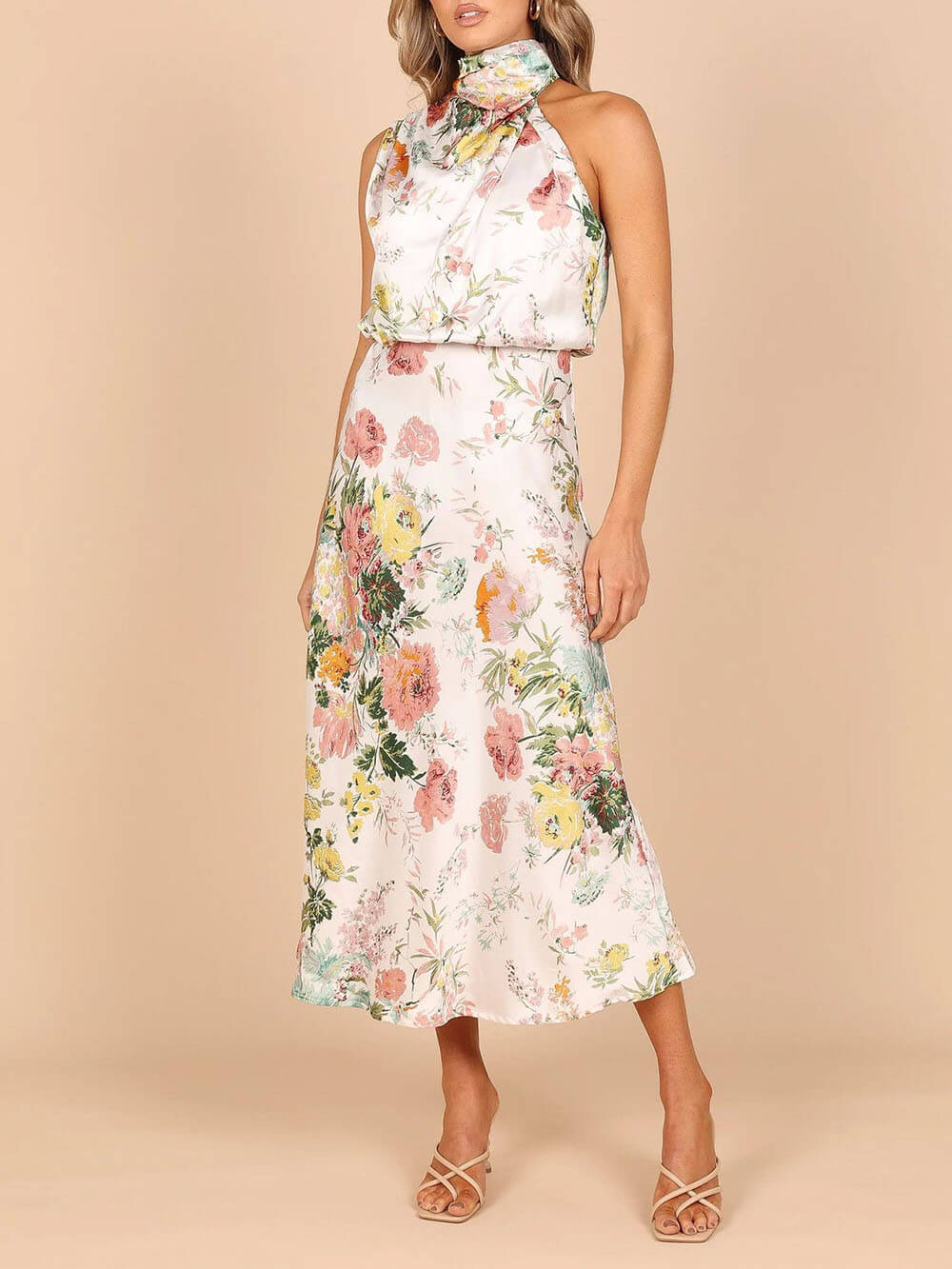 Natalia | Halter Neck Floral Elastic Waist Maxi Dress