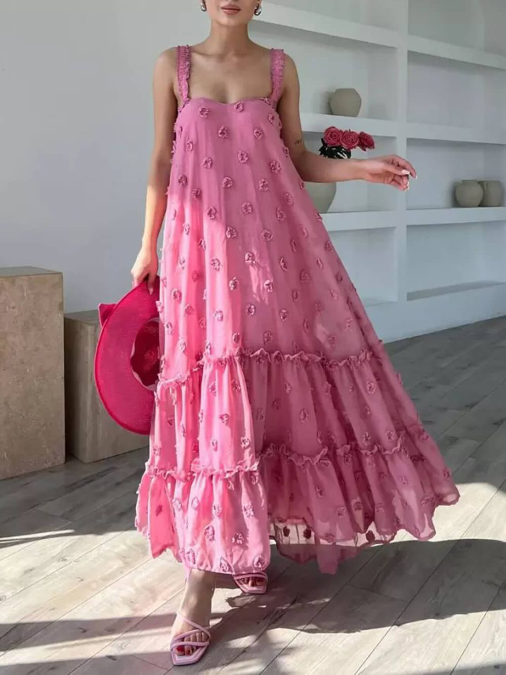 Angelina | Flower Decor Pretty A-Line Layered Loose Maxi Dress