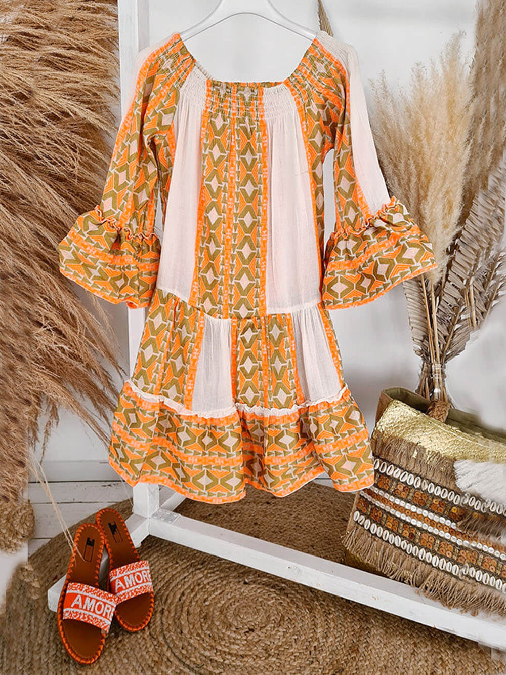 Carmen | Ethnic Print Linen Blend Off Shoulder Loose Mini Dress