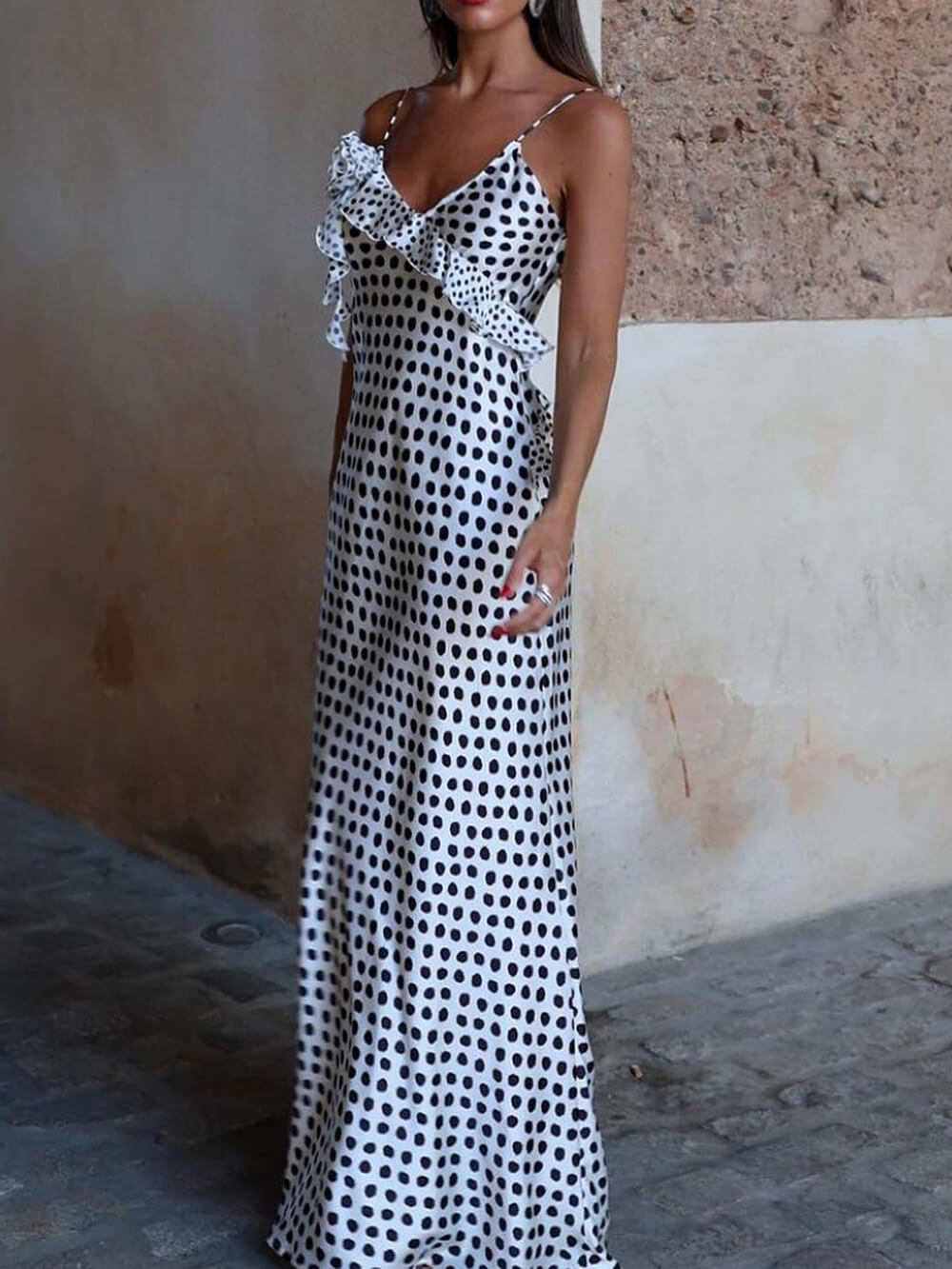Daisy | Polka Dot Print Fantasy Guipure Ruffled Suspender Maxi Dress