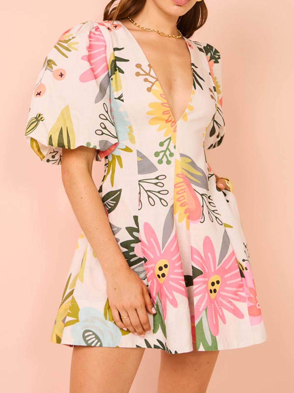 Freya | Puff Sleeve Floral Print Pocketed Mini Dress