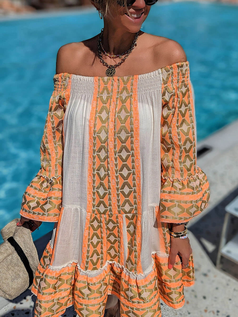 Carmen | Ethnic Print Linen Blend Off Shoulder Loose Mini Dress