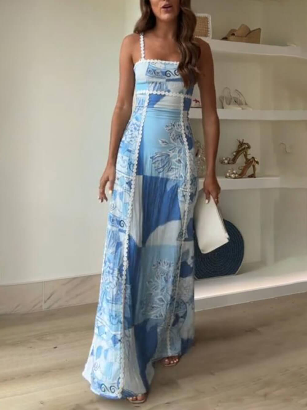 Rebecca | Halter Straps Lace Patchwork Printed Back Tie Flare Maxi Dress