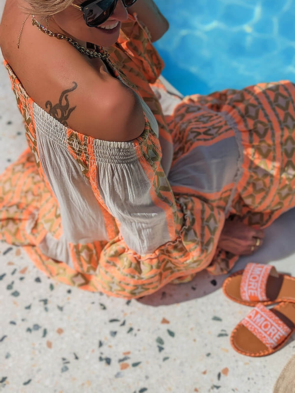 Carmen | Ethnic Print Linen Blend Off Shoulder Loose Mini Dress