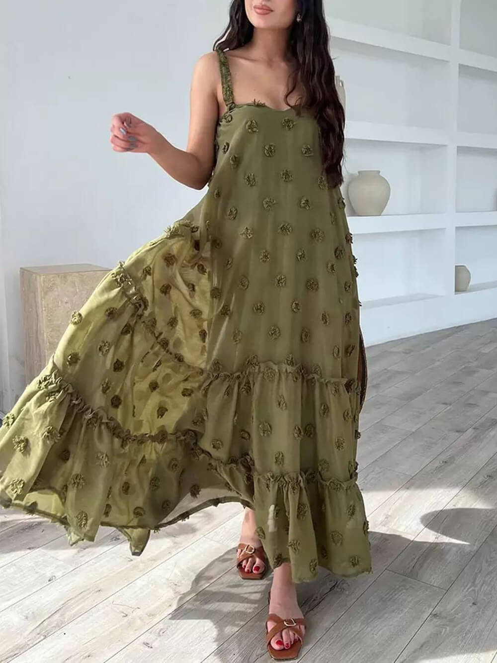 Angelina | Flower Decor Pretty A-Line Layered Loose Maxi Dress