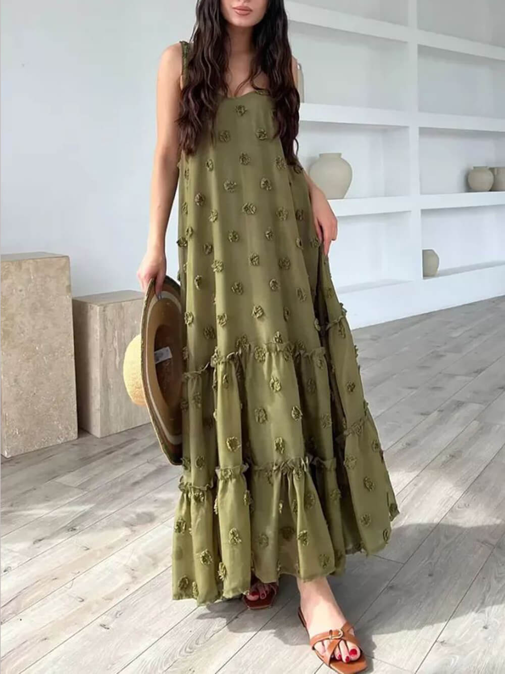 Angelina | Flower Decor Pretty A-Line Layered Loose Maxi Dress