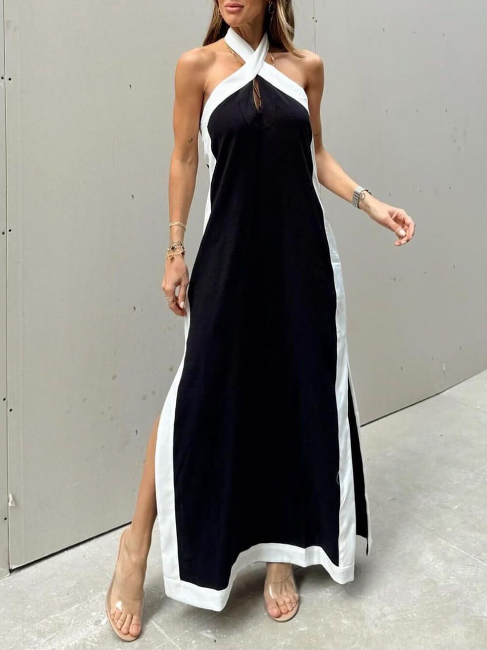 Julianna | Halter Neck Slit Color Block Maxi Dress