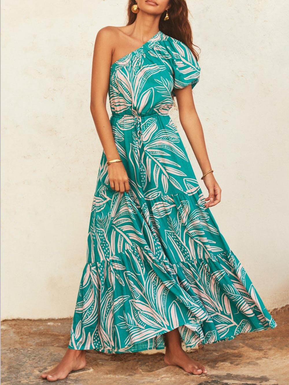 Athena | Off-Shoulder Palm Leaf Print Holiday Style Floral Dress