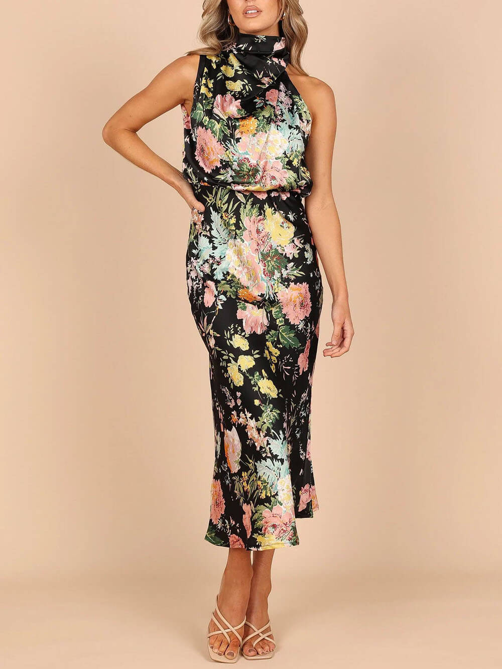 Natalia | Halter Neck Floral Elastic Waist Maxi Dress