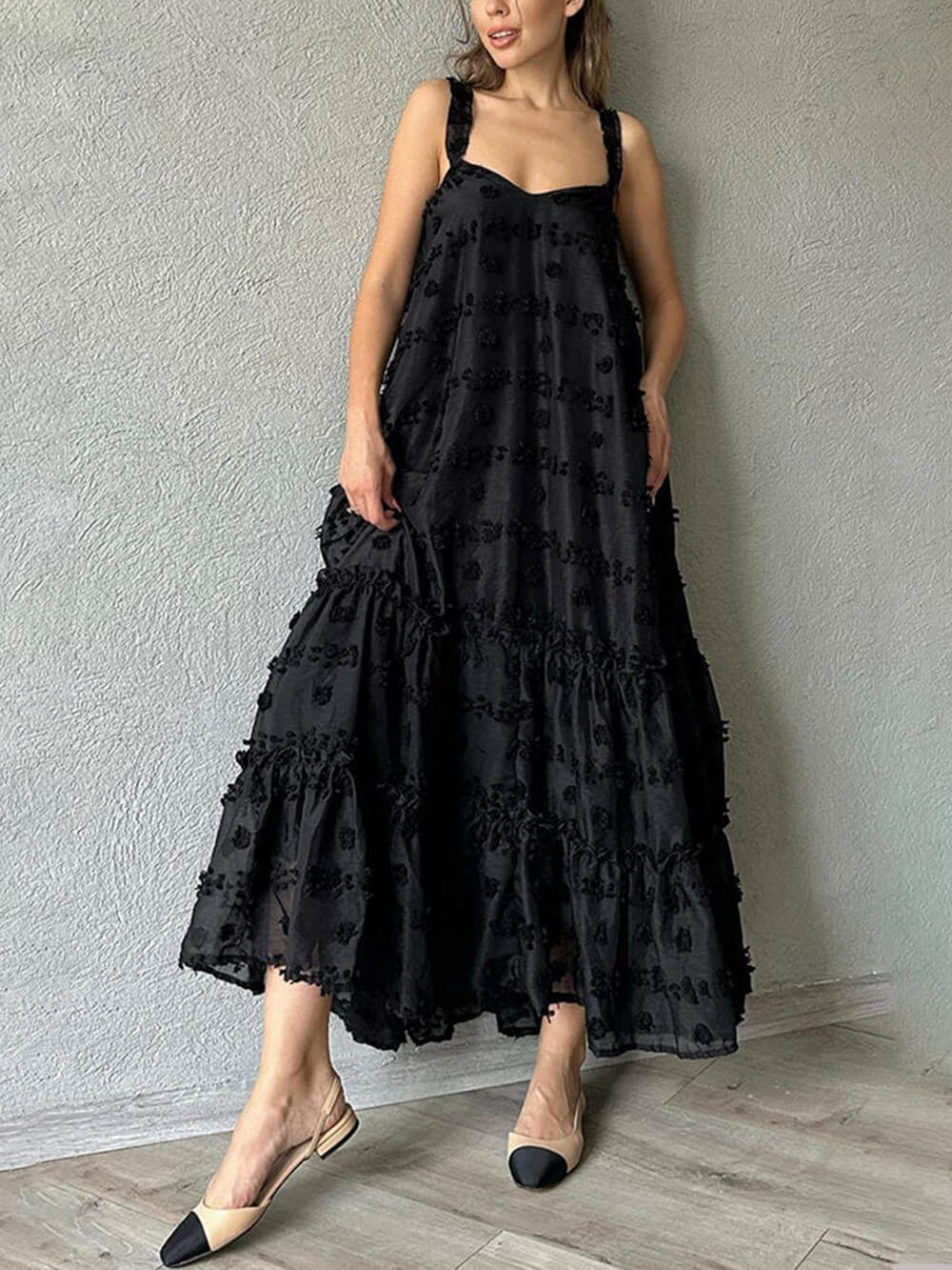 Angelina | Flower Decor Pretty A-Line Layered Loose Maxi Dress