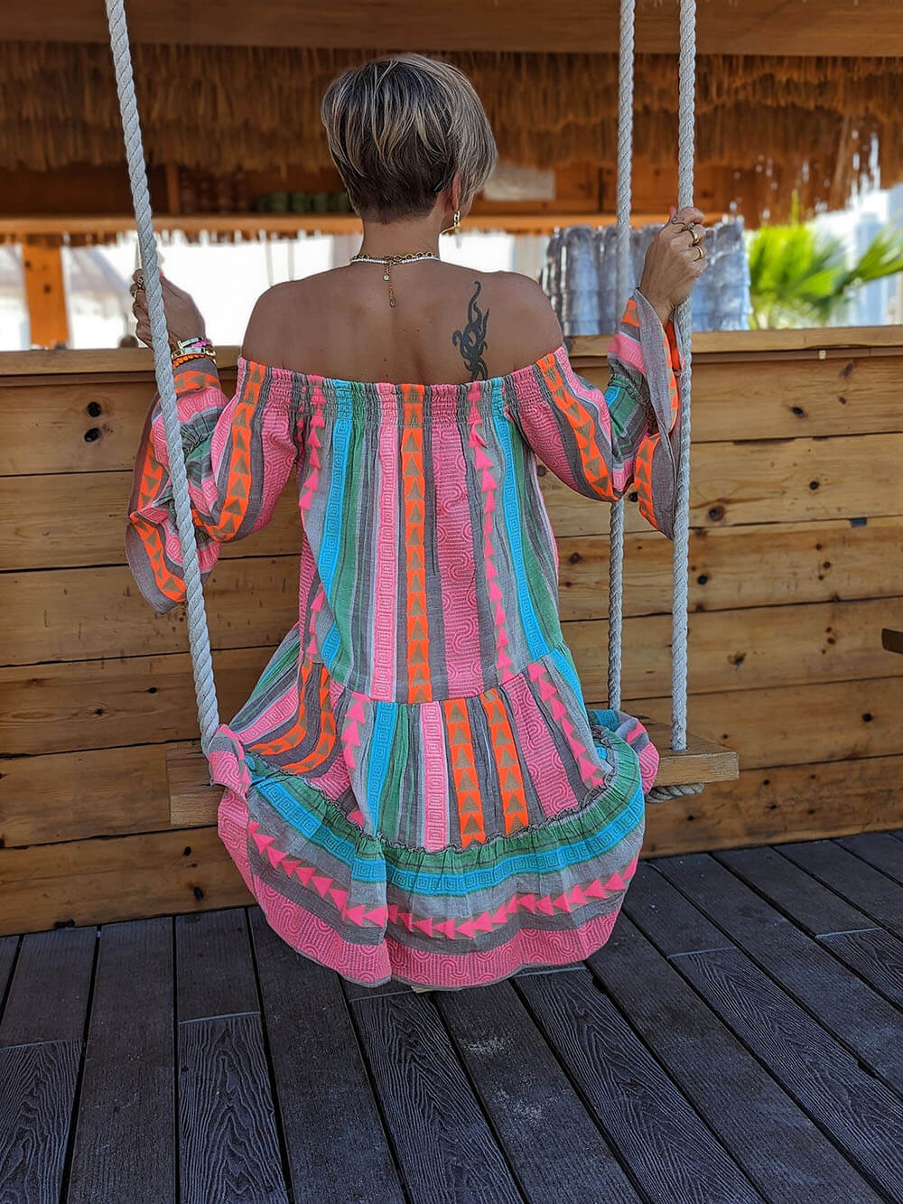 Carmen | Ethnic Print Linen Blend Off Shoulder Loose Mini Dress