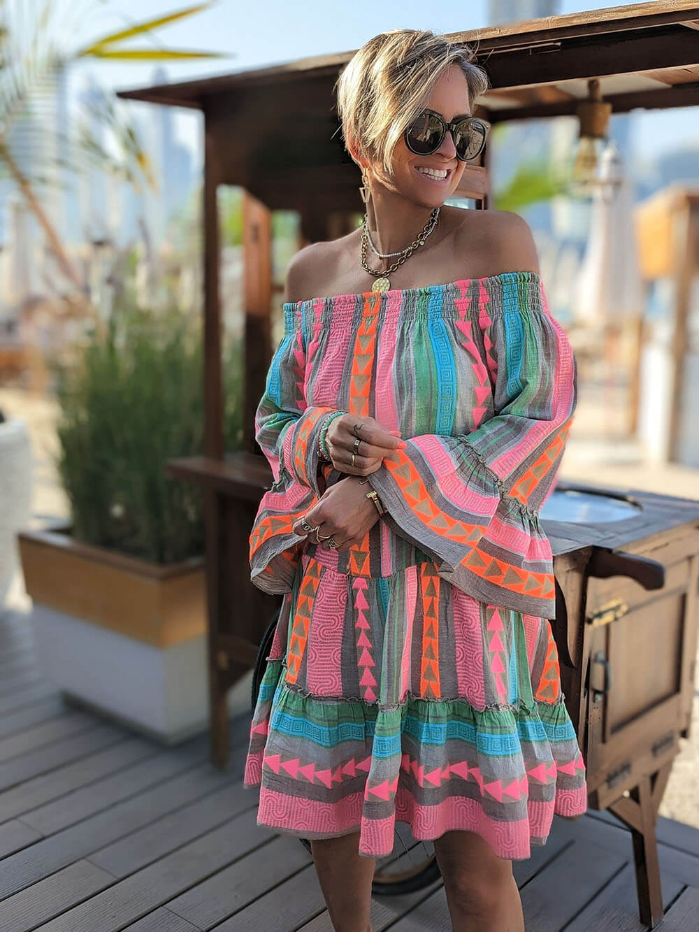 Carmen | Ethnic Print Linen Blend Off Shoulder Loose Mini Dress