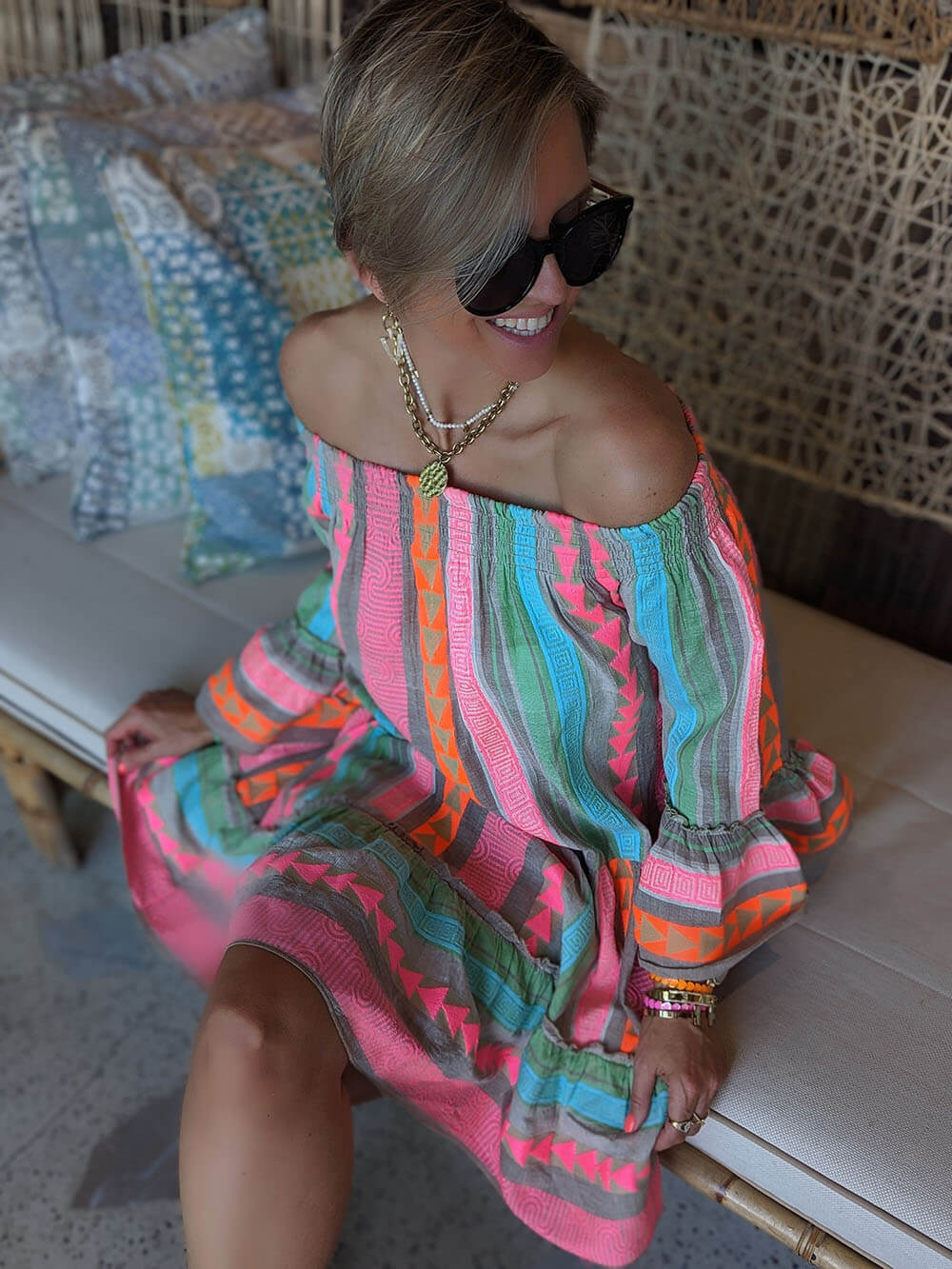 Carmen | Ethnic Print Linen Blend Off Shoulder Loose Mini Dress
