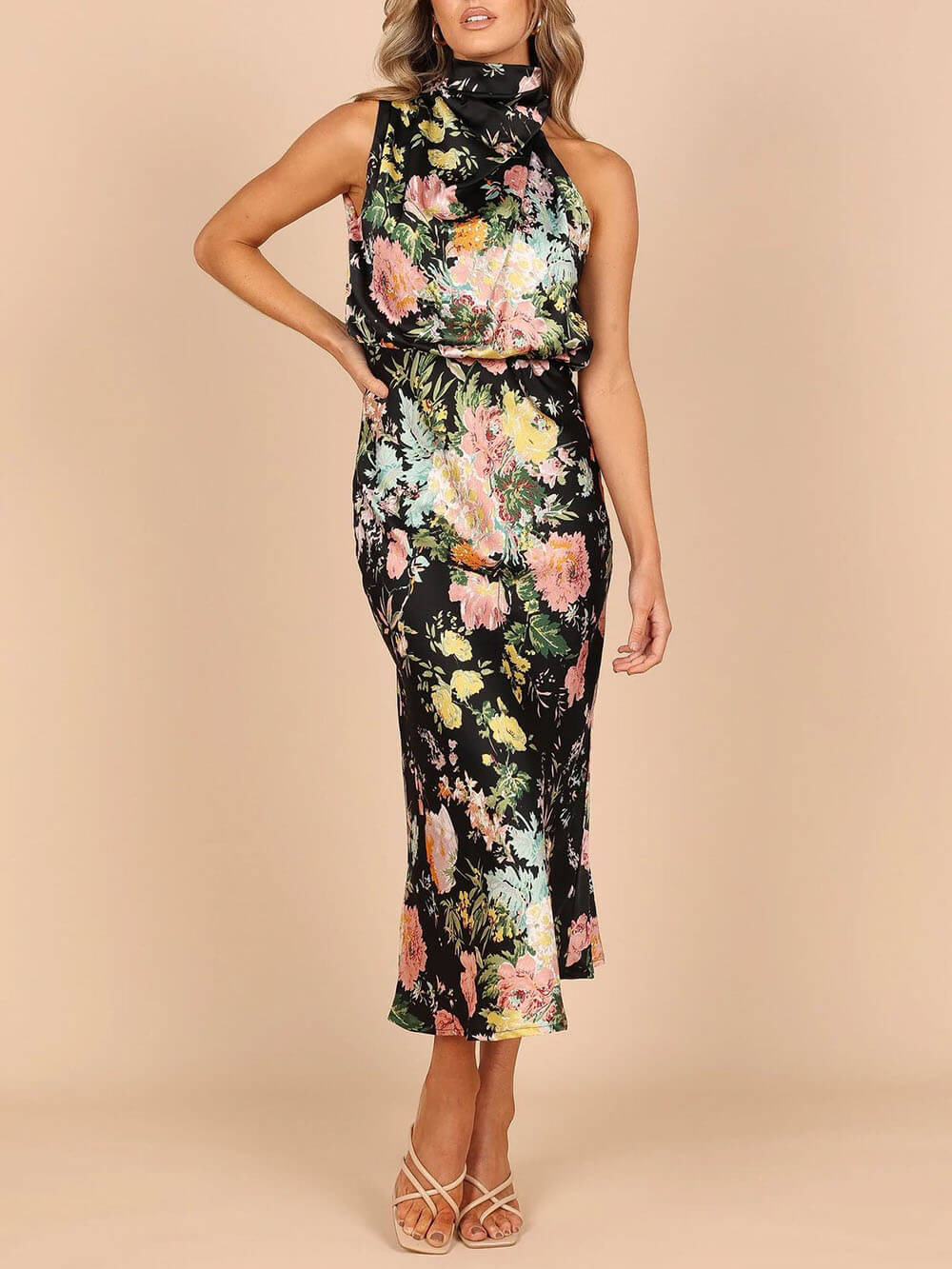 Natalia | Halter Neck Floral Elastic Waist Maxi Dress