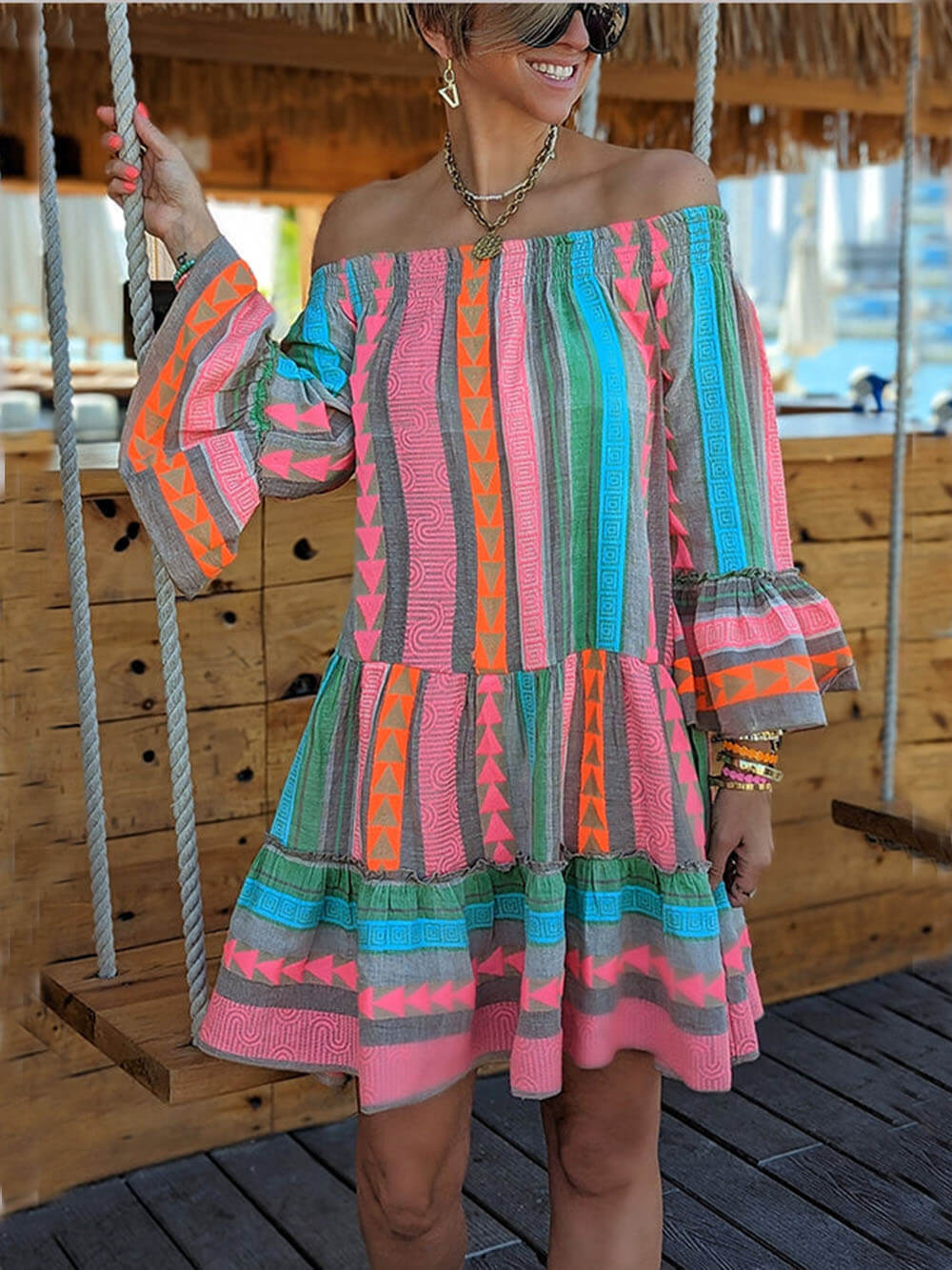 Carmen | Ethnic Print Linen Blend Off Shoulder Loose Mini Dress
