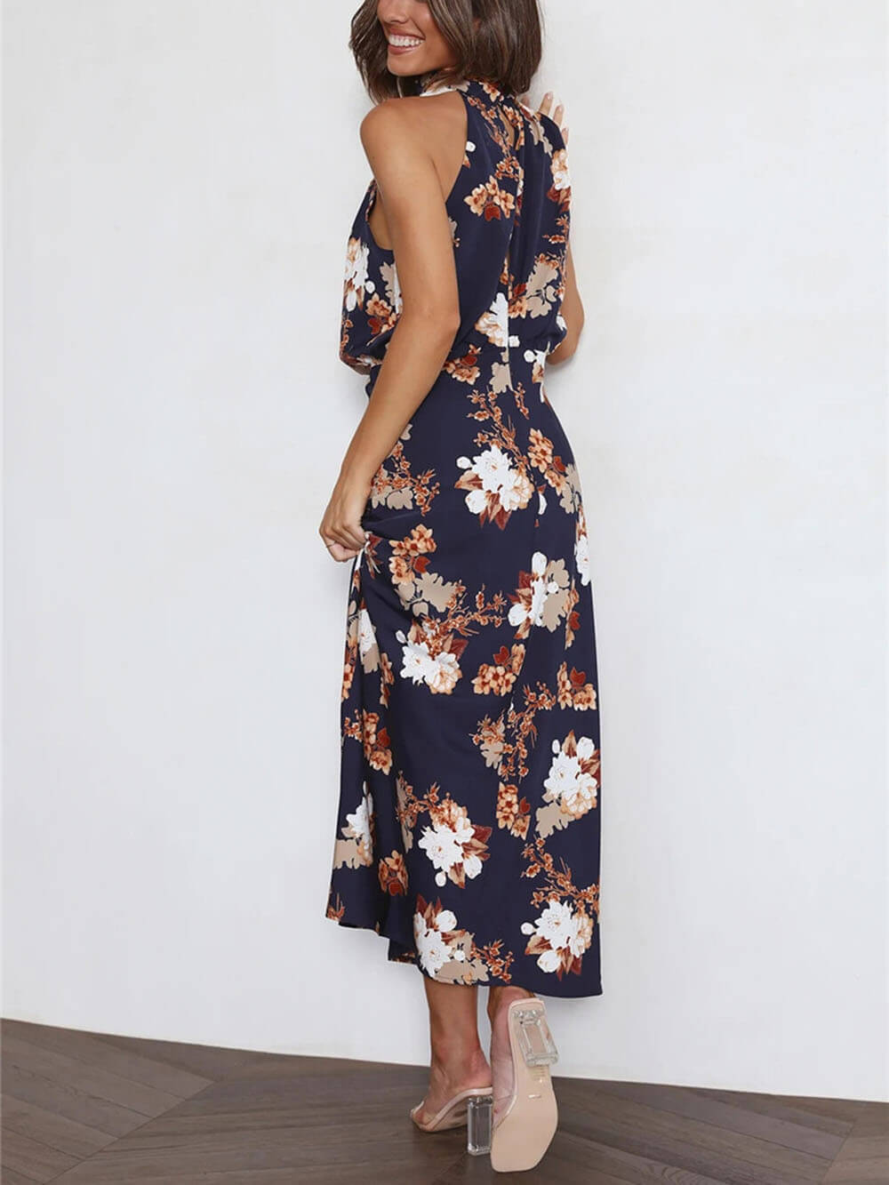 Natalia | Halter Neck Floral Elastic Waist Maxi Dress