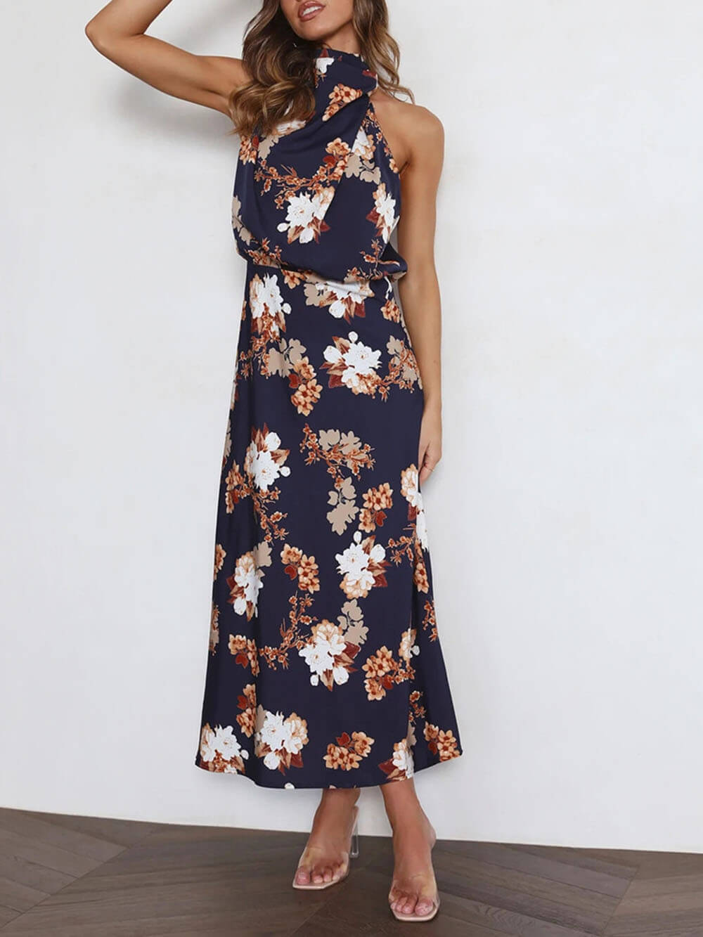 Natalia | Halter Neck Floral Elastic Waist Maxi Dress
