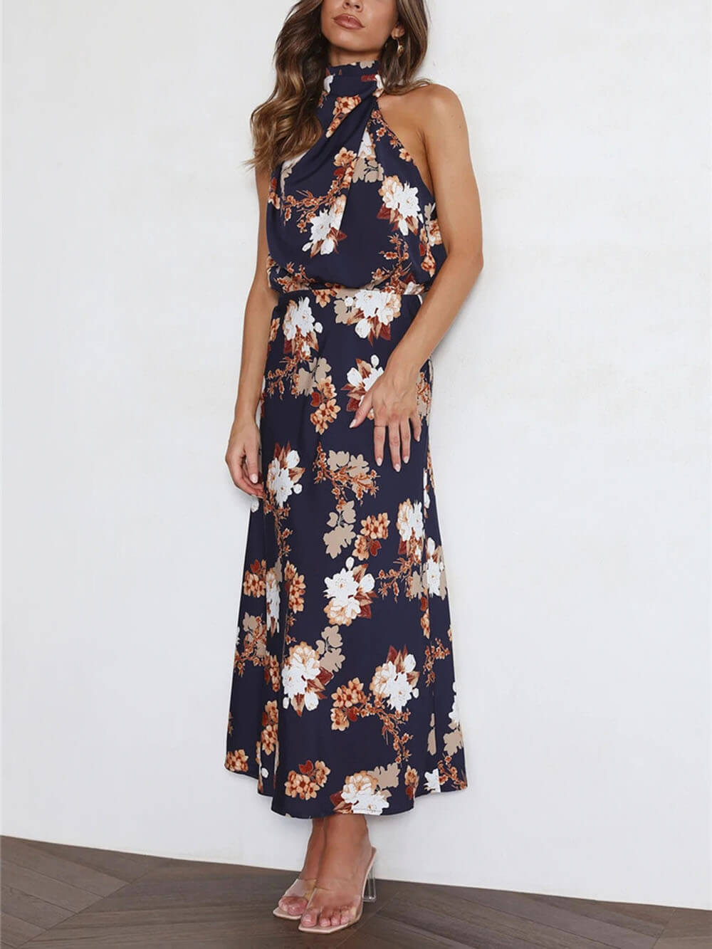 Natalia | Halter Neck Floral Elastic Waist Maxi Dress