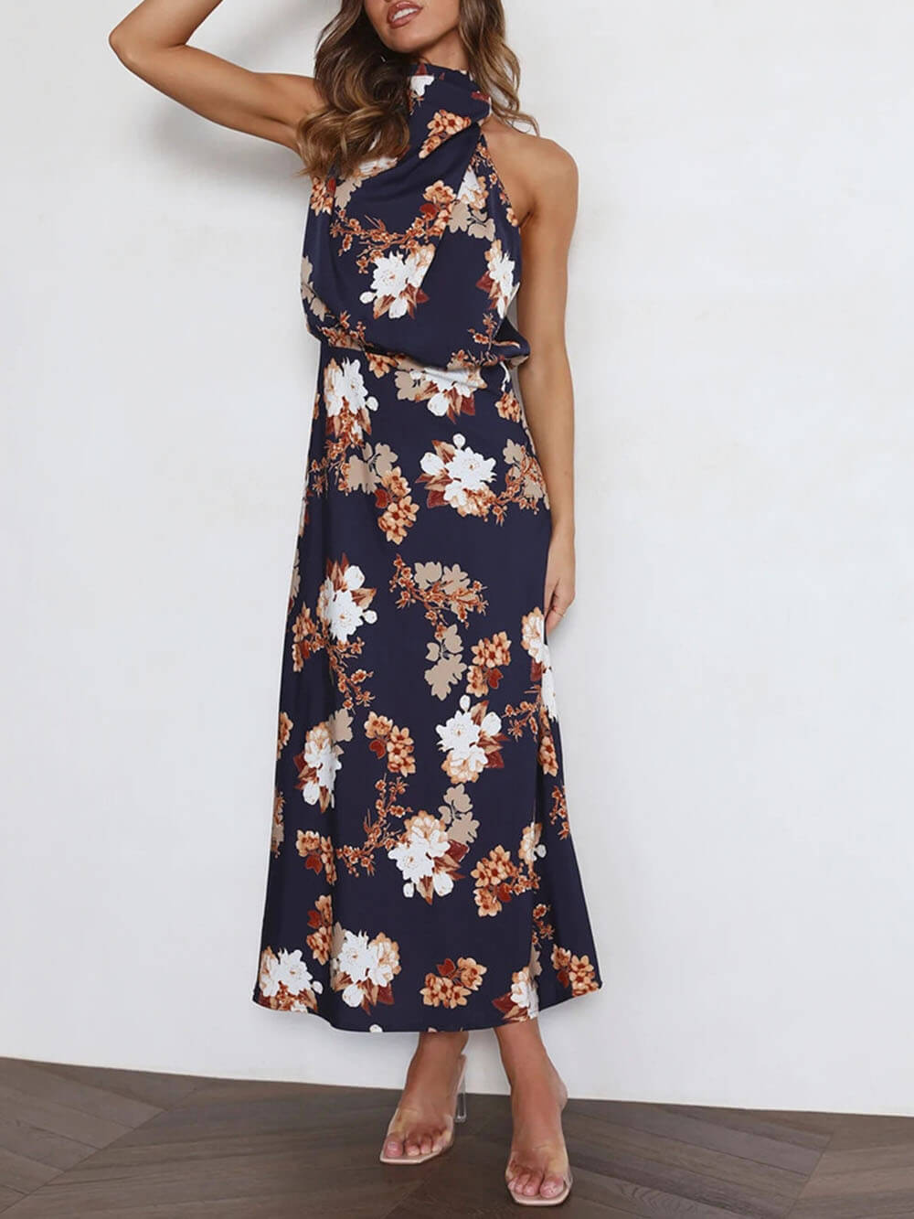 Natalia | Halter Neck Floral Elastic Waist Maxi Dress