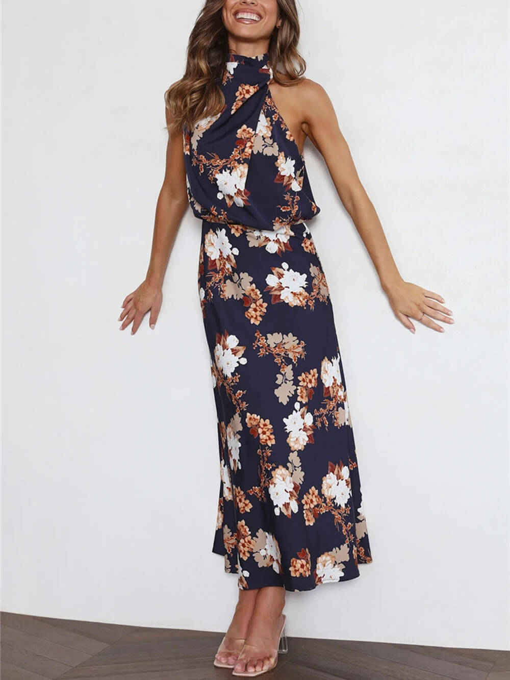 Natalia | Halter Neck Floral Elastic Waist Maxi Dress