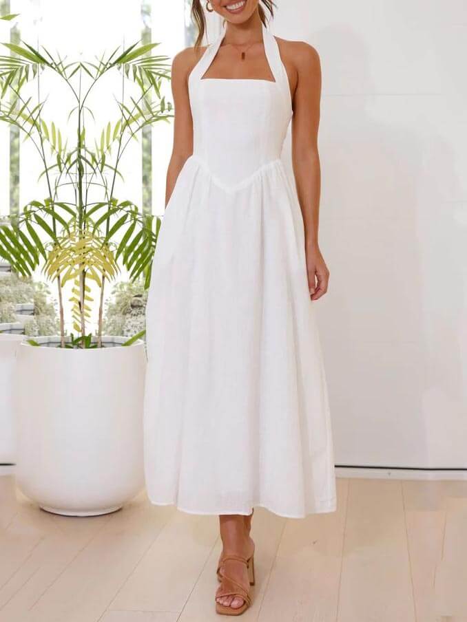 Lucille | Waist Little Black Halter Neck Mid Length Dress