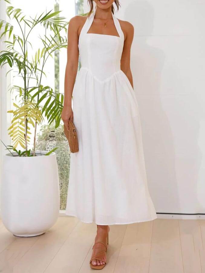 Lucille | Waist Little Black Halter Neck Mid Length Dress