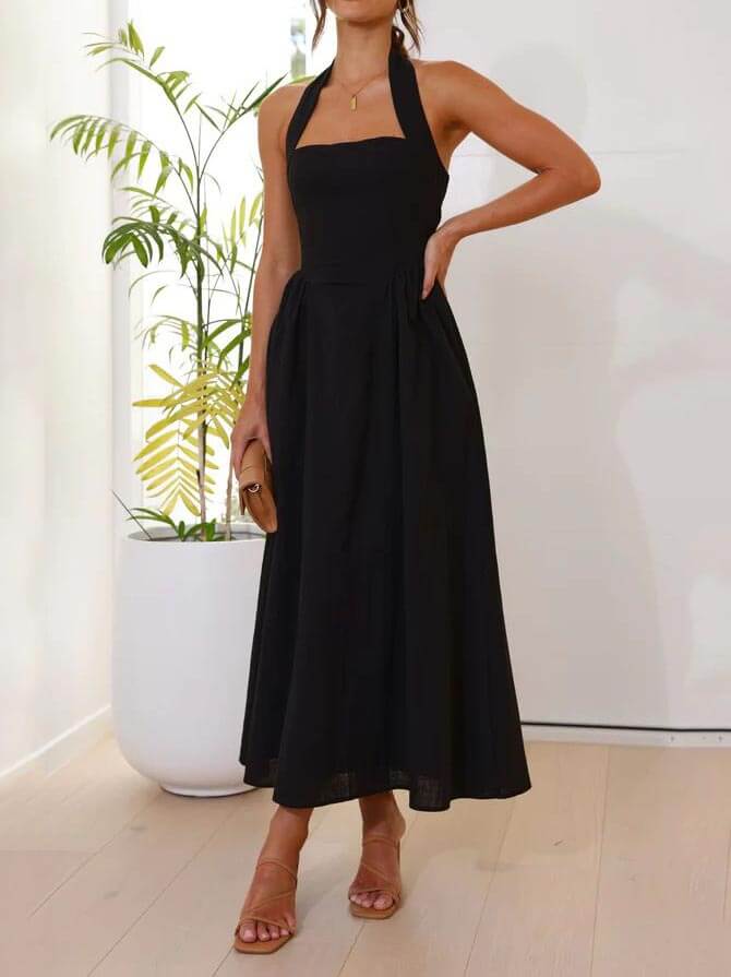 Lucille | Waist Little Black Halter Neck Mid Length Dress