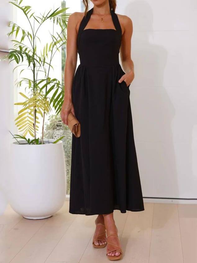 Lucille | Waist Little Black Halter Neck Mid Length Dress