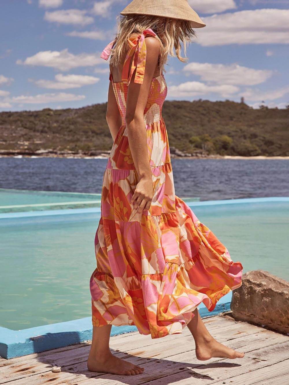 Hallie | Sleeveless Sea Charm Pleated Stretch Chest Print Cami Dress