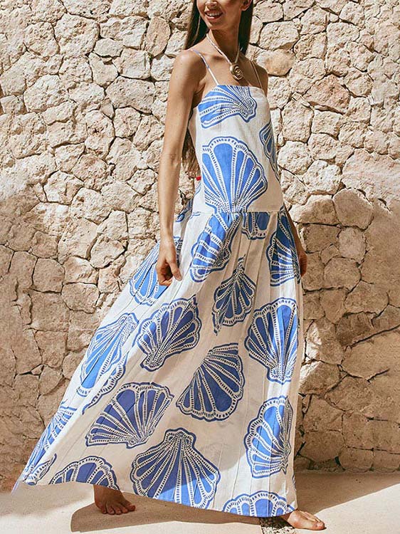 Gracelynn | Holiday Casual Ocean Shell Print Sling Maxi Dress