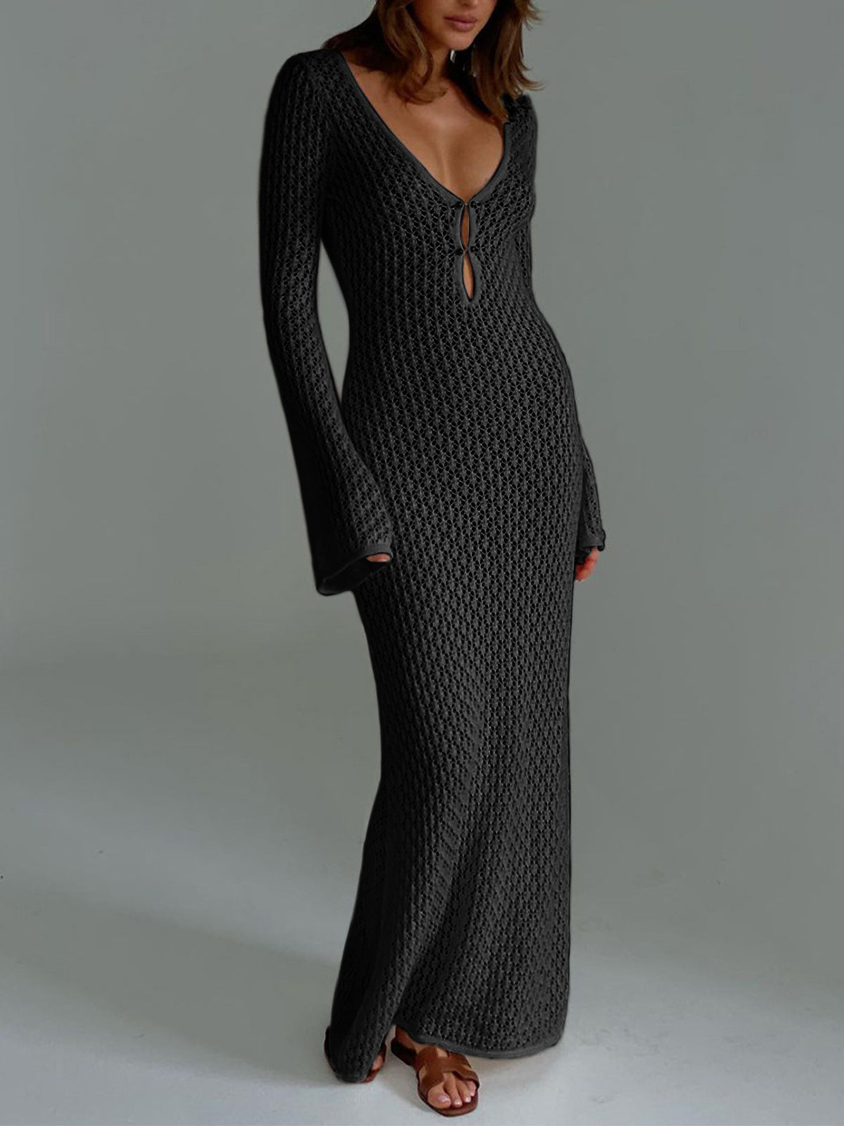 Catherine | Cover Up Long Sleeve Open Back Long Dress