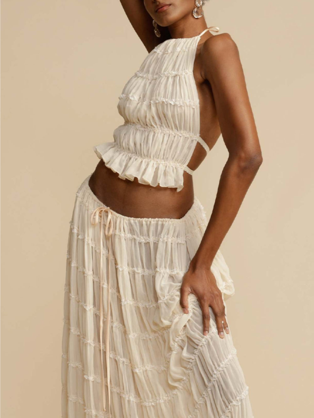 Sydney | Pleated Drawstring Charm Waist Tiered Maxi Skirt