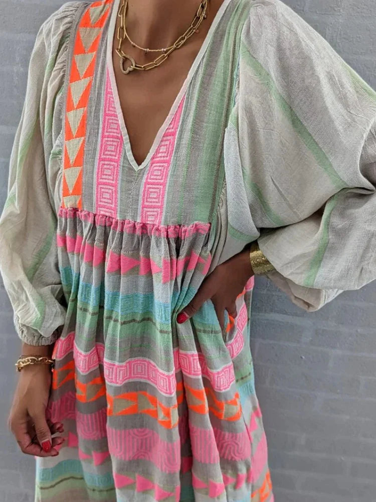 Cassandra | Bohemian Printed V-Neck Dress