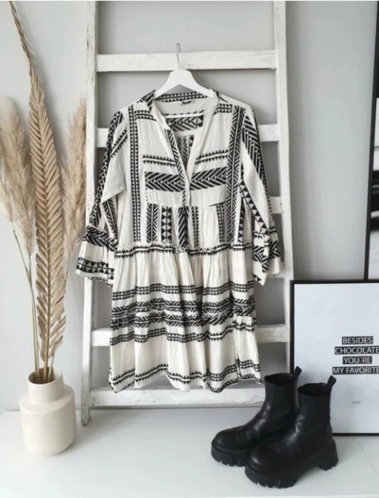 Lucienne | Geometric Print V-Neck Swing Dress
