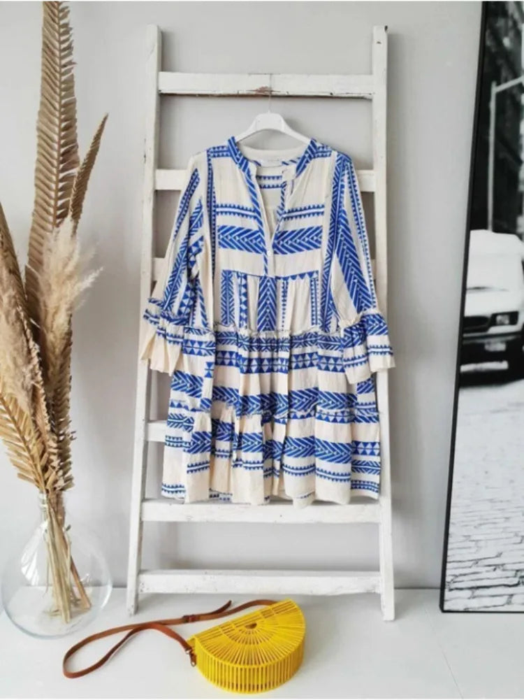 Lucienne | Geometric Print V-Neck Swing Dress