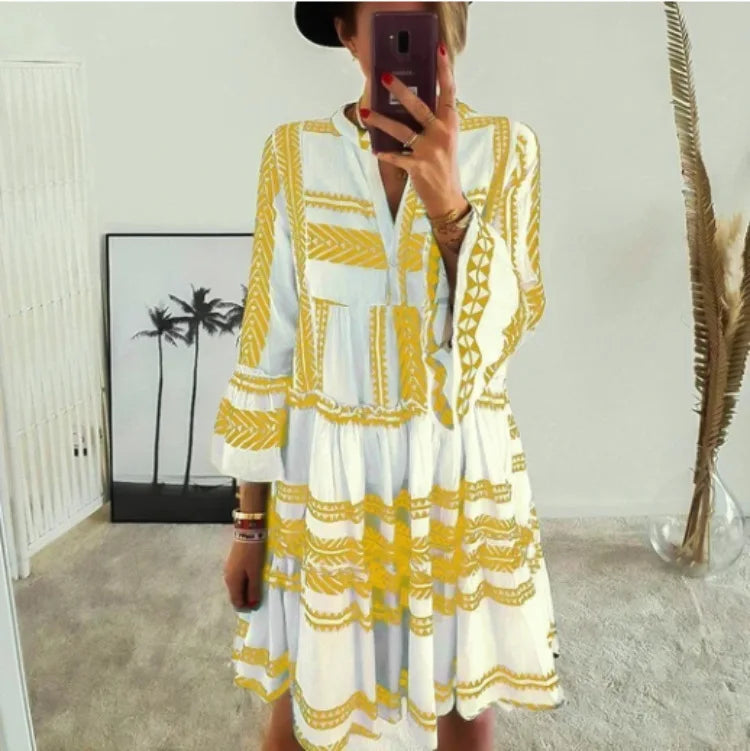 Lucienne | Geometric Print V-Neck Swing Dress